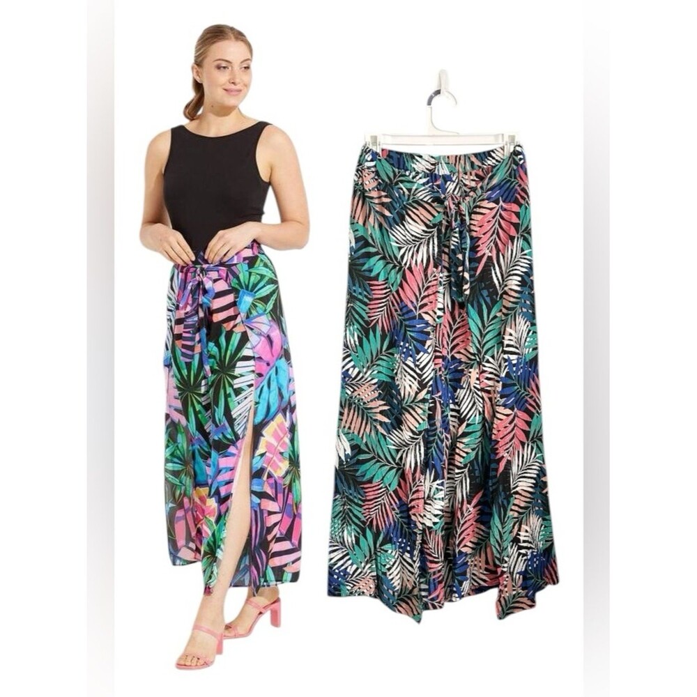 Tropical Wide-Leg Open Tie Palm Leaf Print Coverup Pants Multicolor Size XL
